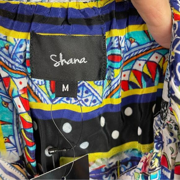 Shana Multicolor Geometric Floral  Flared Sleeve Button Front NWT Silk Top  Med - Picture 7 of 9